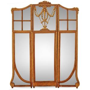 Large Nineteenth Screen In Mirror And Golden Wood