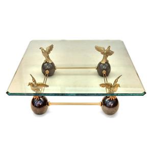 Large 1970 Coffee Table With Eagles In Gilded Bronze