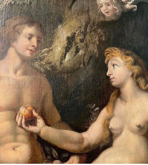Peinture à l'Huile Sur Toile Représentant Adam Et Eve-photo-3
