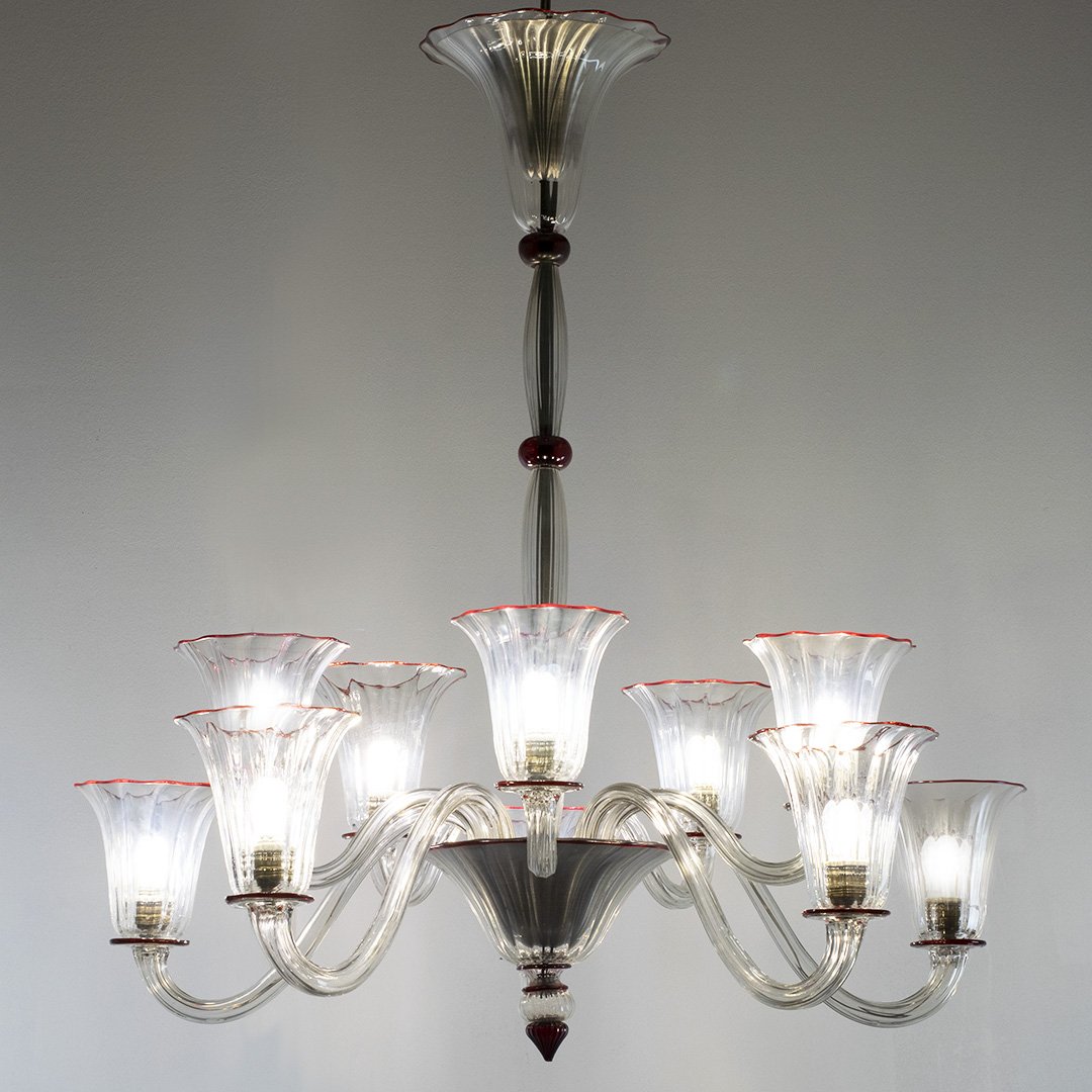 Transparent 10-light Chandelier With Red Cord, Napoleone Martinuzzi, Venini, Ca. 1928–30