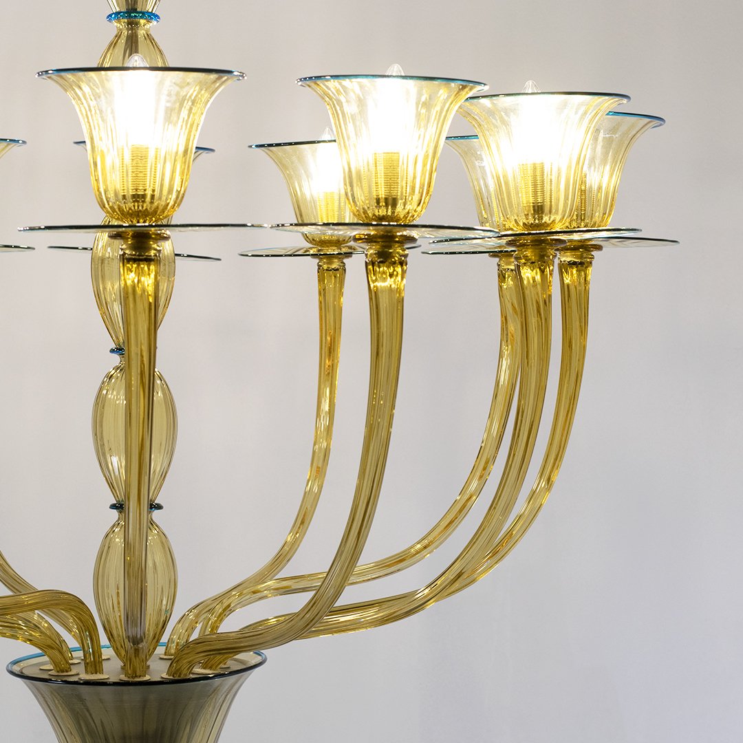 Lustre en verre de Murano à 12 lumières, couleur paille avec fil bleu, vers 1949.-photo-2
