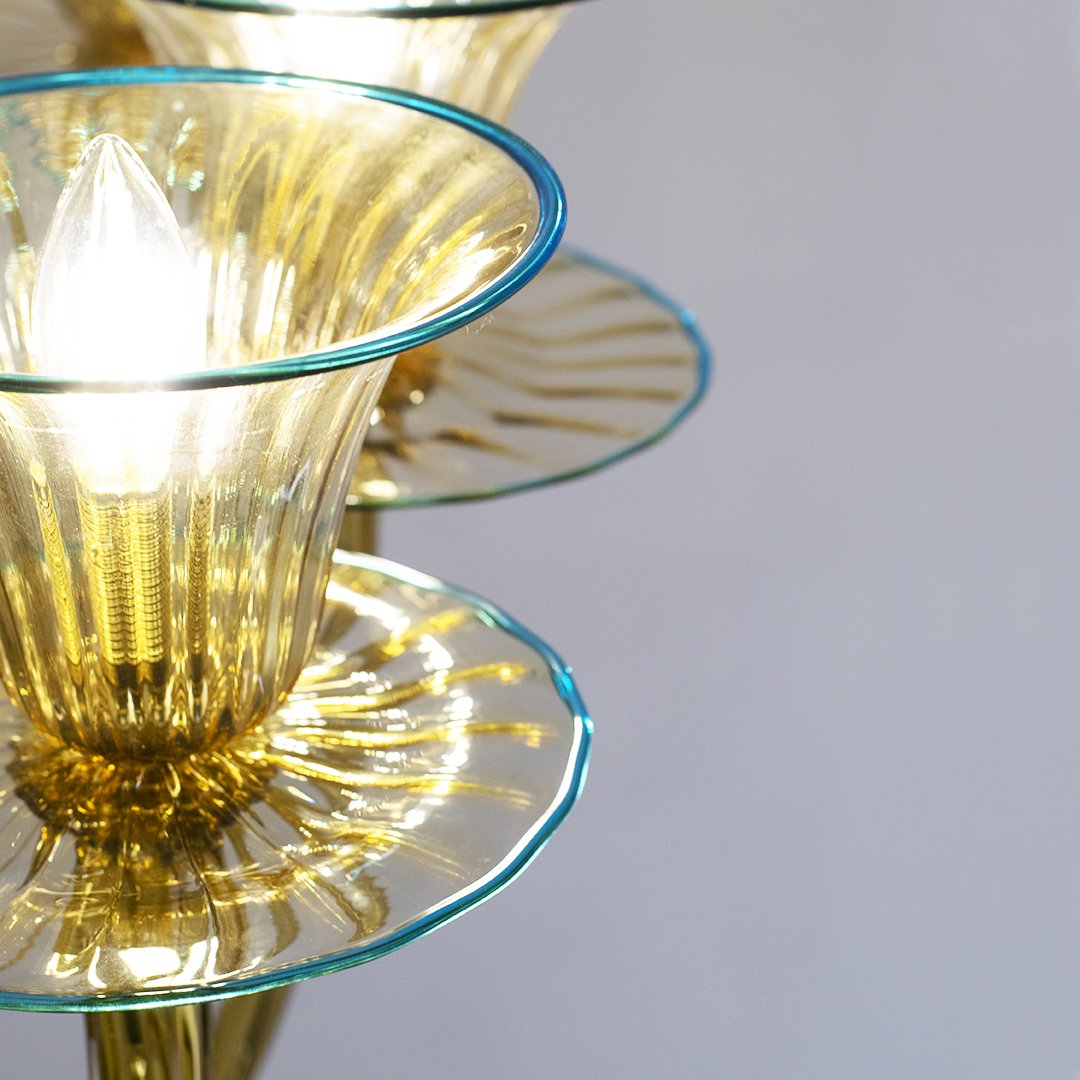 Lustre en verre de Murano à 12 lumières, couleur paille avec fil bleu, vers 1949.-photo-4