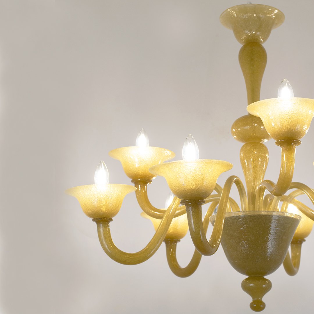 9-light Murano Glass Chandelier In Amber-colored Pulegoso Glass, Ca. 1950.-photo-2