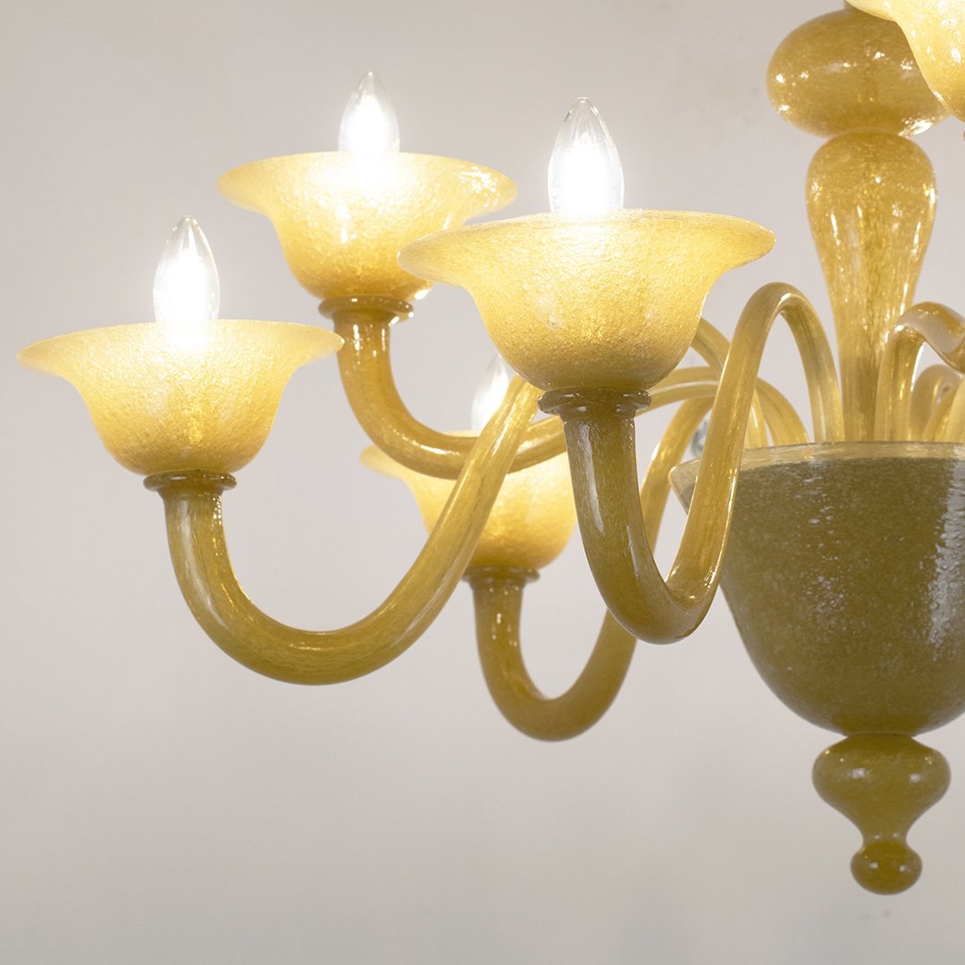 9-light Murano Glass Chandelier In Amber-colored Pulegoso Glass, Ca. 1950.-photo-3