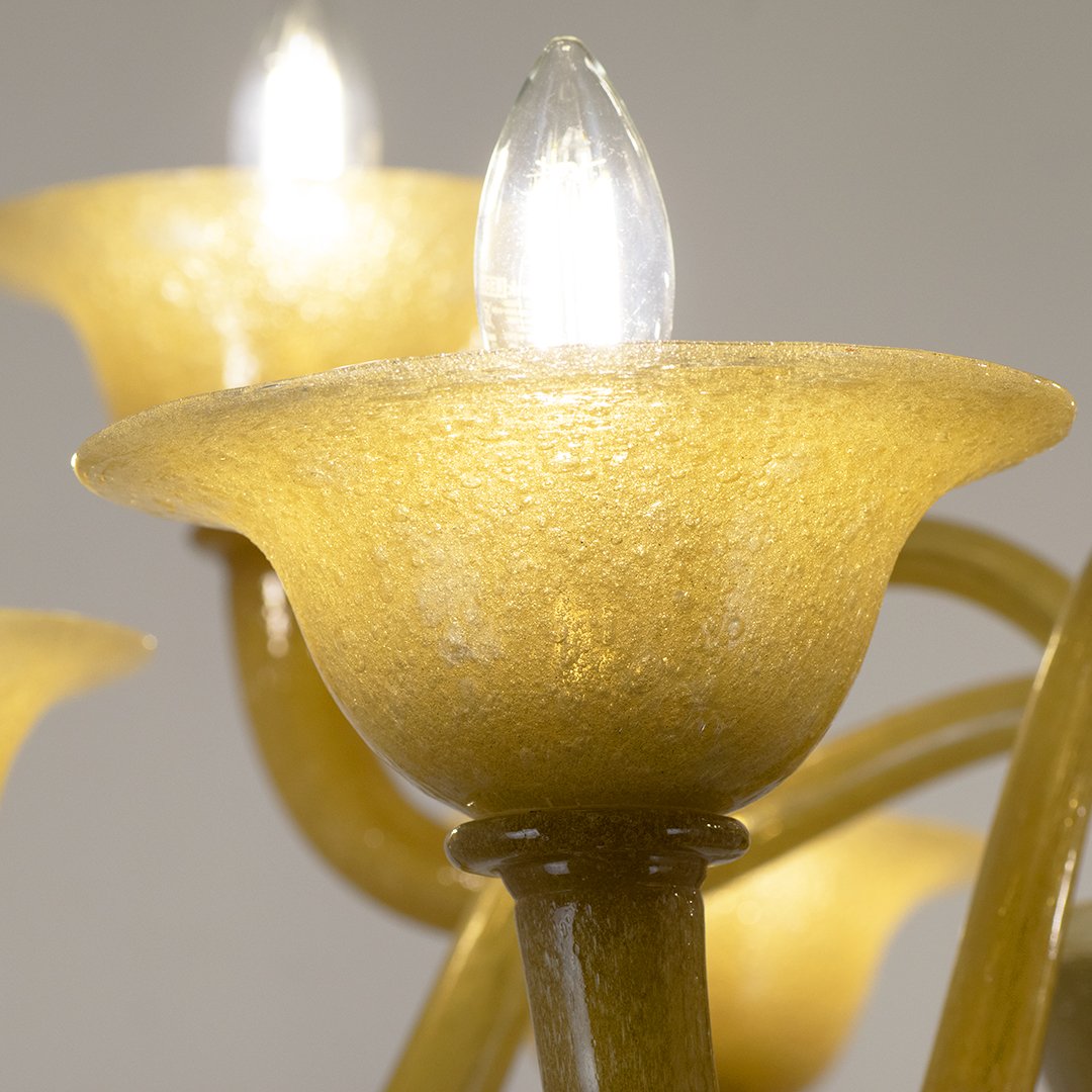 9-light Murano Glass Chandelier In Amber-colored Pulegoso Glass, Ca. 1950.-photo-4