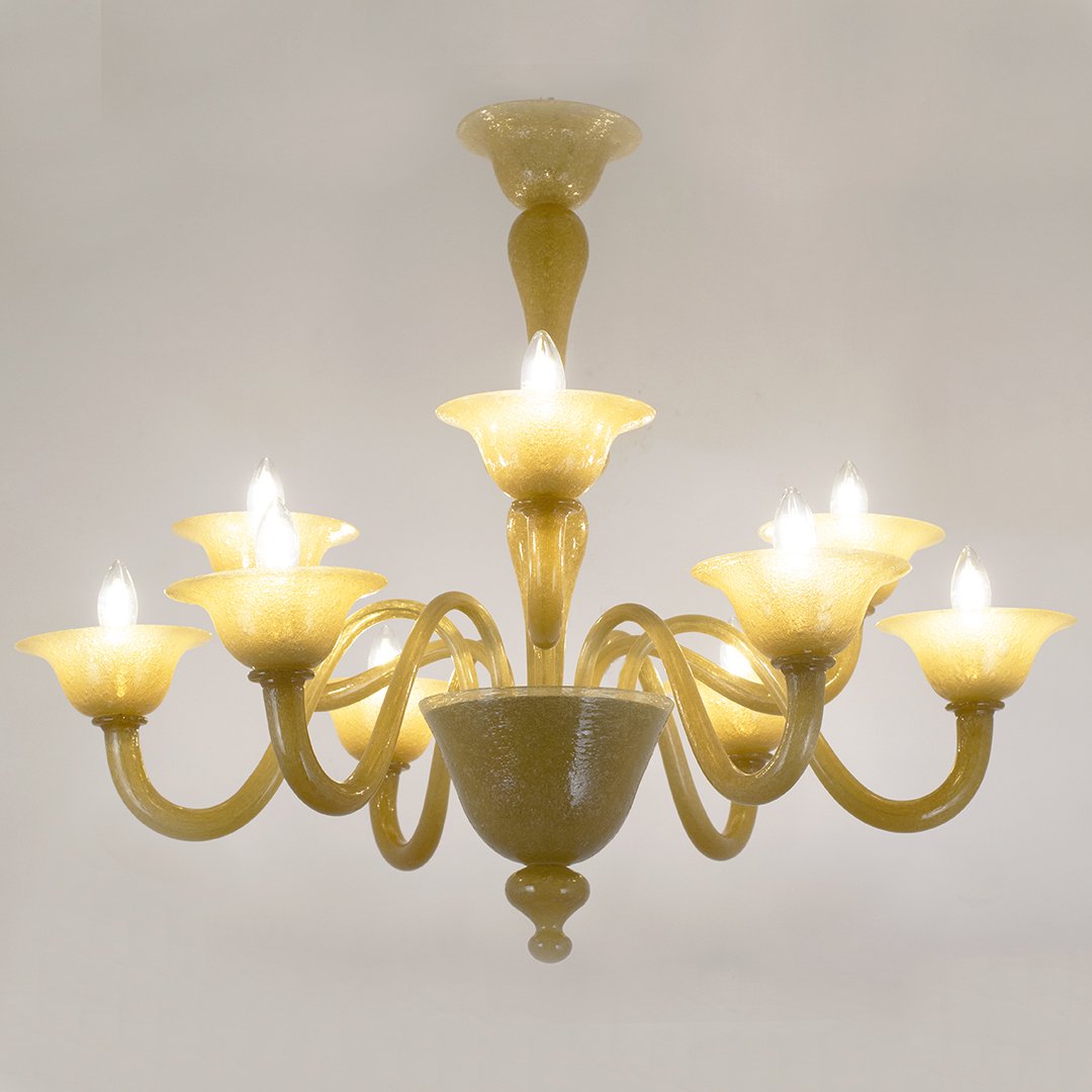 9-light Murano Glass Chandelier In Amber-colored Pulegoso Glass, Ca. 1950.