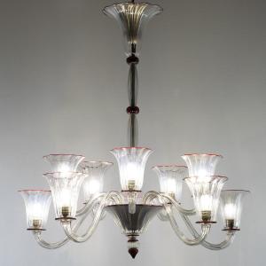 Lustre à 10 lumières en verre transparent, fil rouge, Napoleone Martinuzzi, Venini, 1926-30ca.