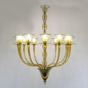 Lustre en verre de Murano à 12 lumières, couleur paille avec fil bleu, vers 1949.