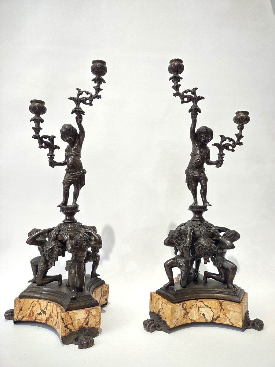 Pair Of Bronze Candlesticks With Putti 19th Century-photo-2