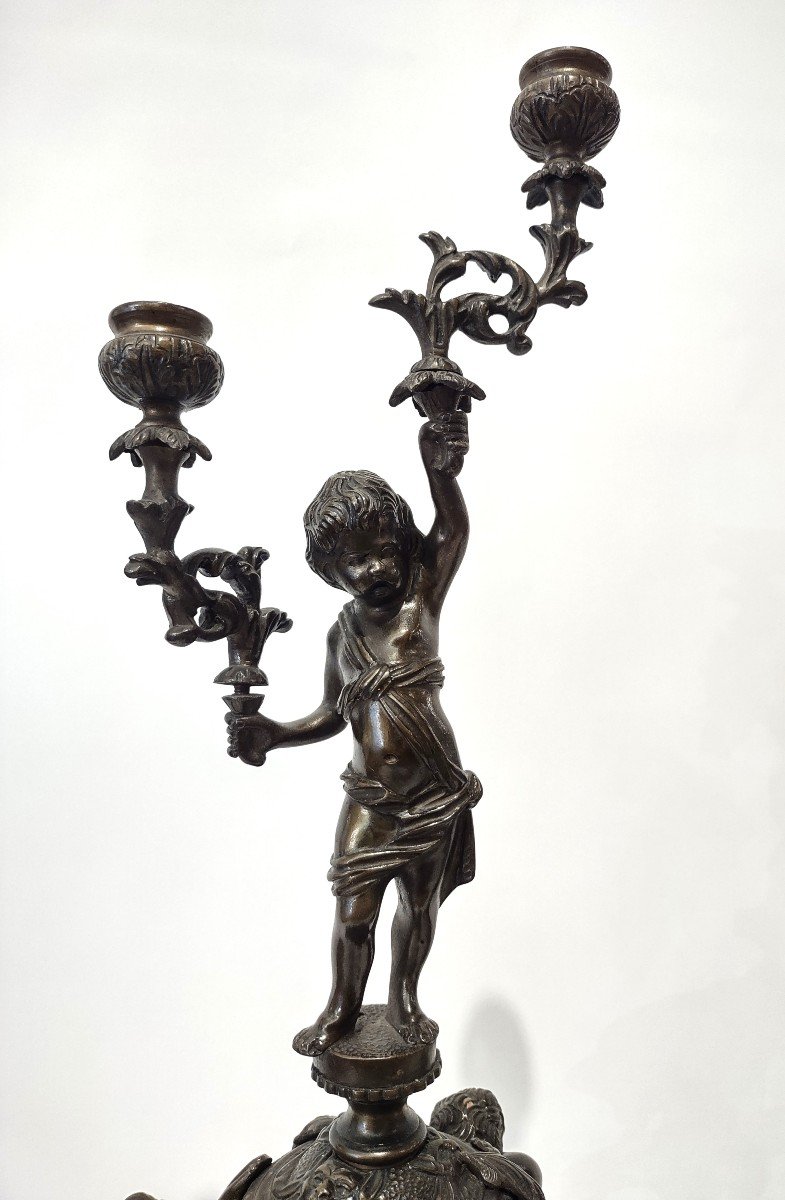 Pair Of Bronze Candlesticks With Putti 19th Century-photo-1