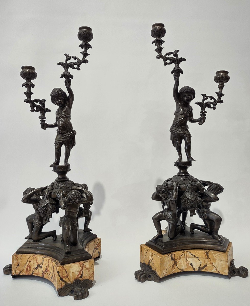 Pair Of Bronze Candlesticks With Putti 19th Century-photo-2