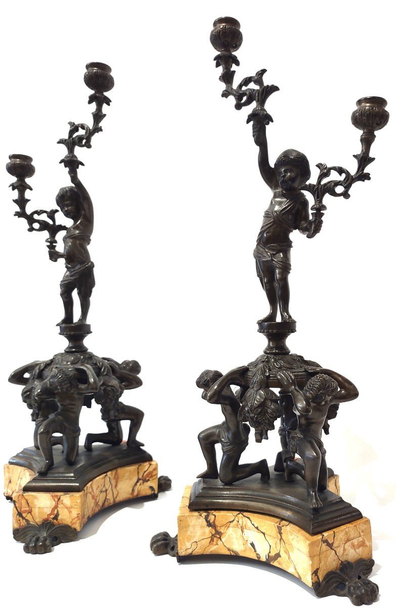 Pair Of Bronze Candlesticks With Putti 19th Century