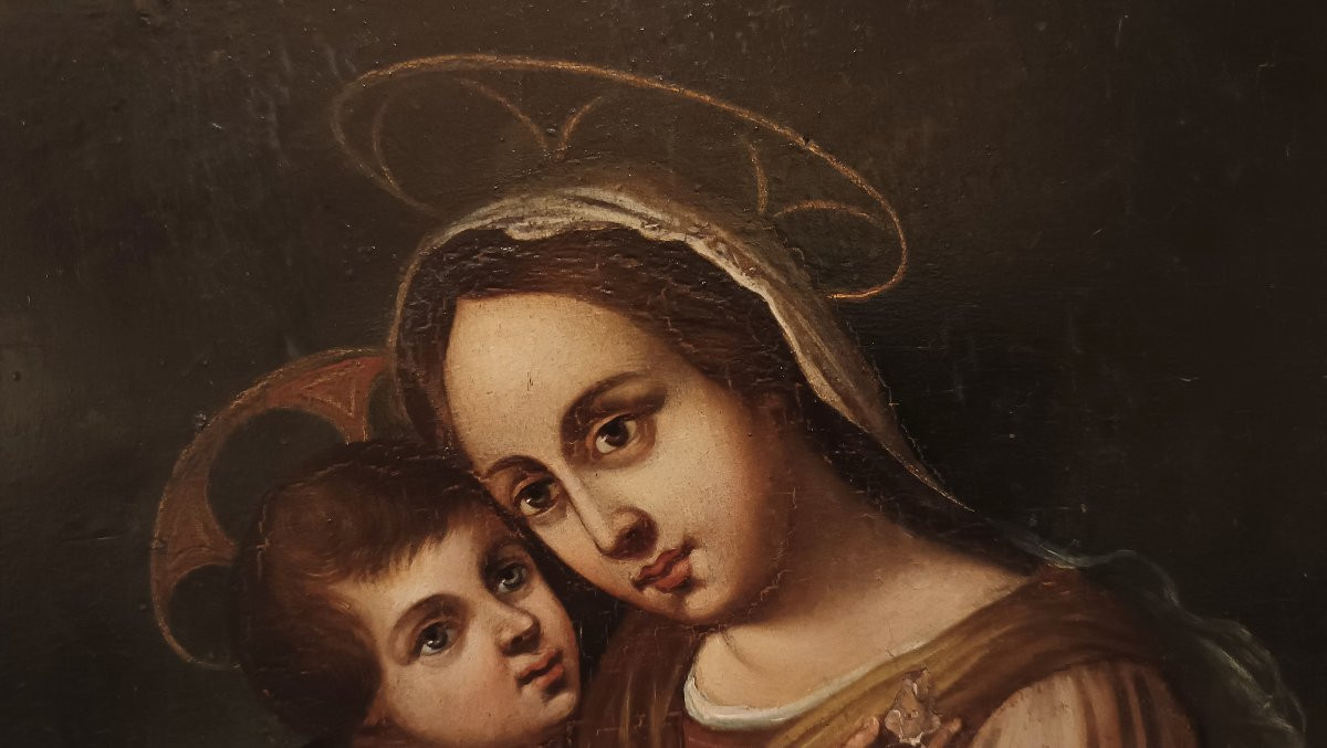 TABLEAU AVEC LA VIERGE À L'ENFANT ET SAINT JEAN 17ème SIÈCLE-photo-4