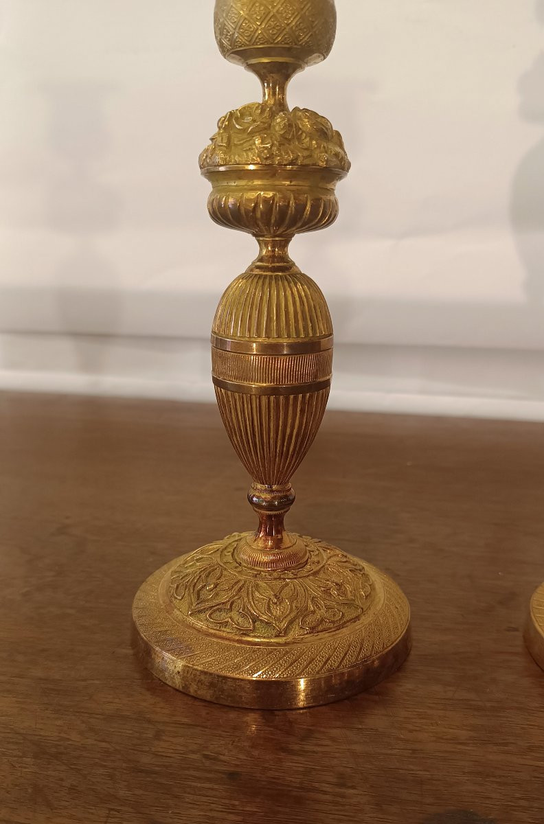 First Half Of The 19th Century Pair Of Charles X Candlesticks In Gilt Bronze-photo-2