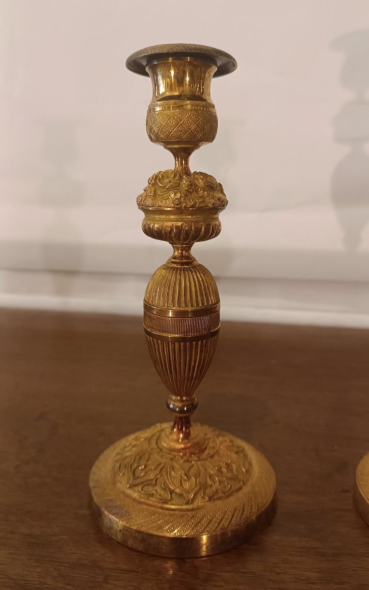 First Half Of The 19th Century Pair Of Charles X Candlesticks In Gilt Bronze-photo-3