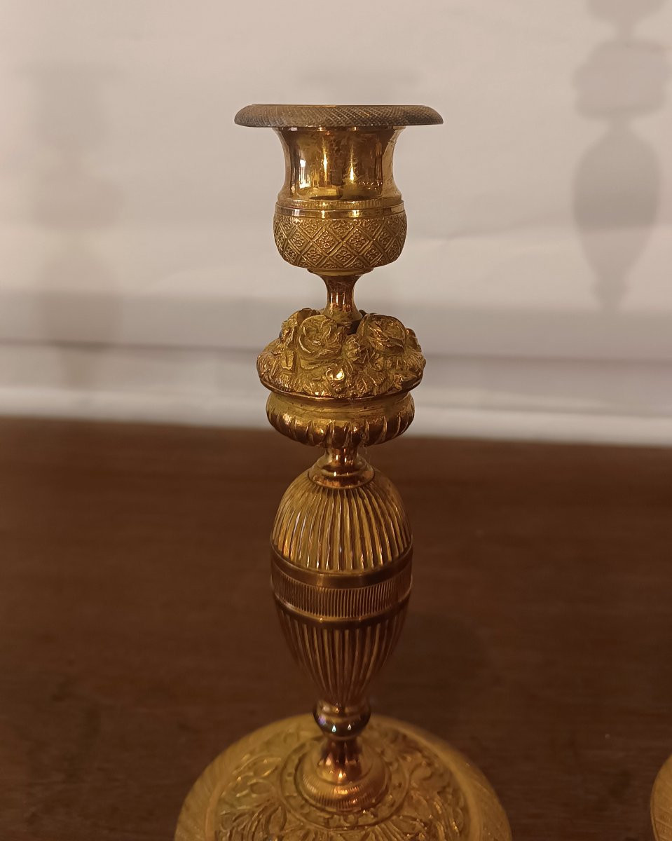 First Half Of The 19th Century Pair Of Charles X Candlesticks In Gilt Bronze-photo-4