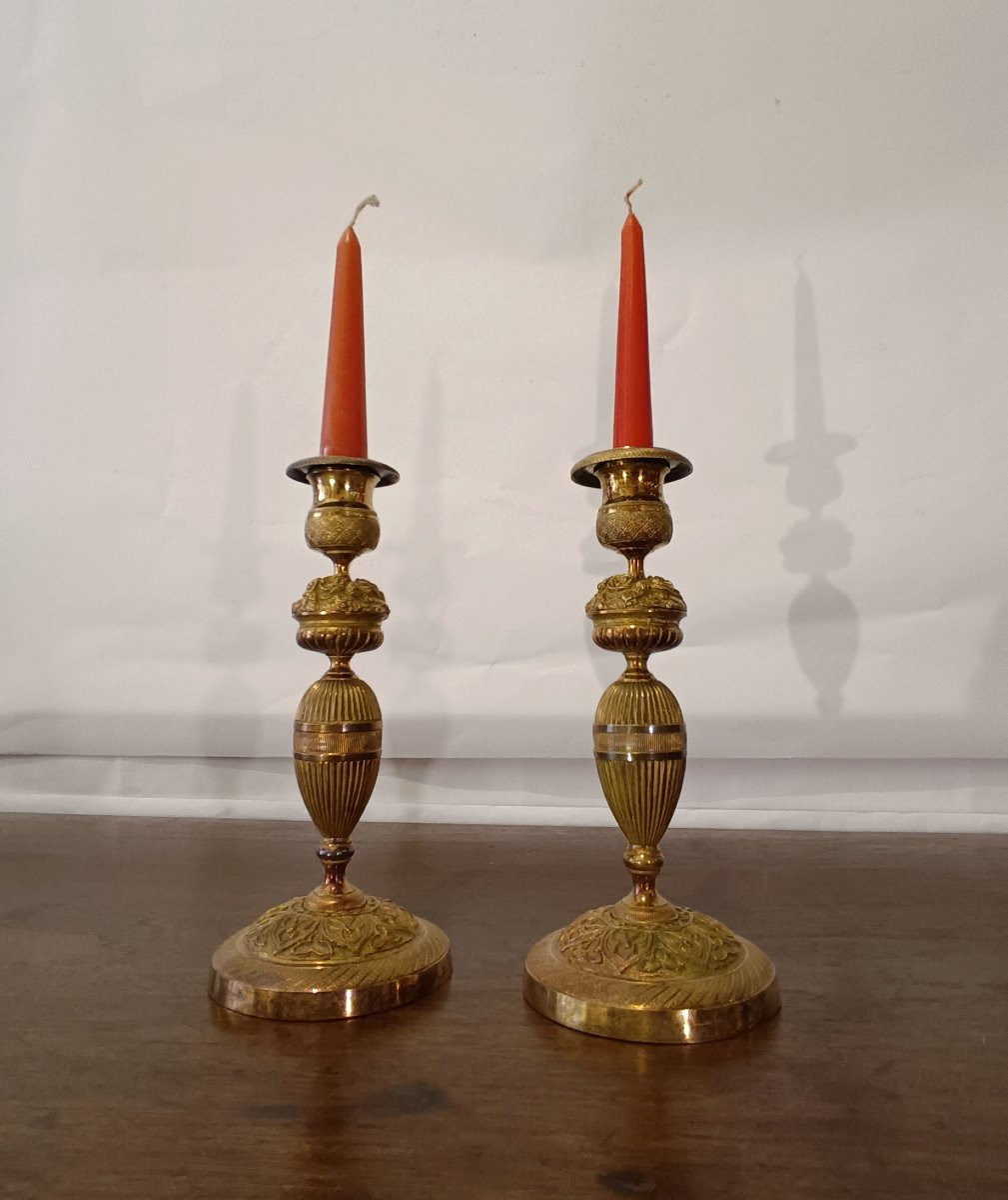 First Half Of The 19th Century Pair Of Charles X Candlesticks In Gilt Bronze-photo-3
