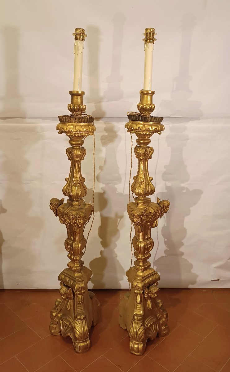 PAIRE DE FLAMBEAUX LOUIS XV DORÉS MILIEU DU 18ème SIÈCLE-photo-2