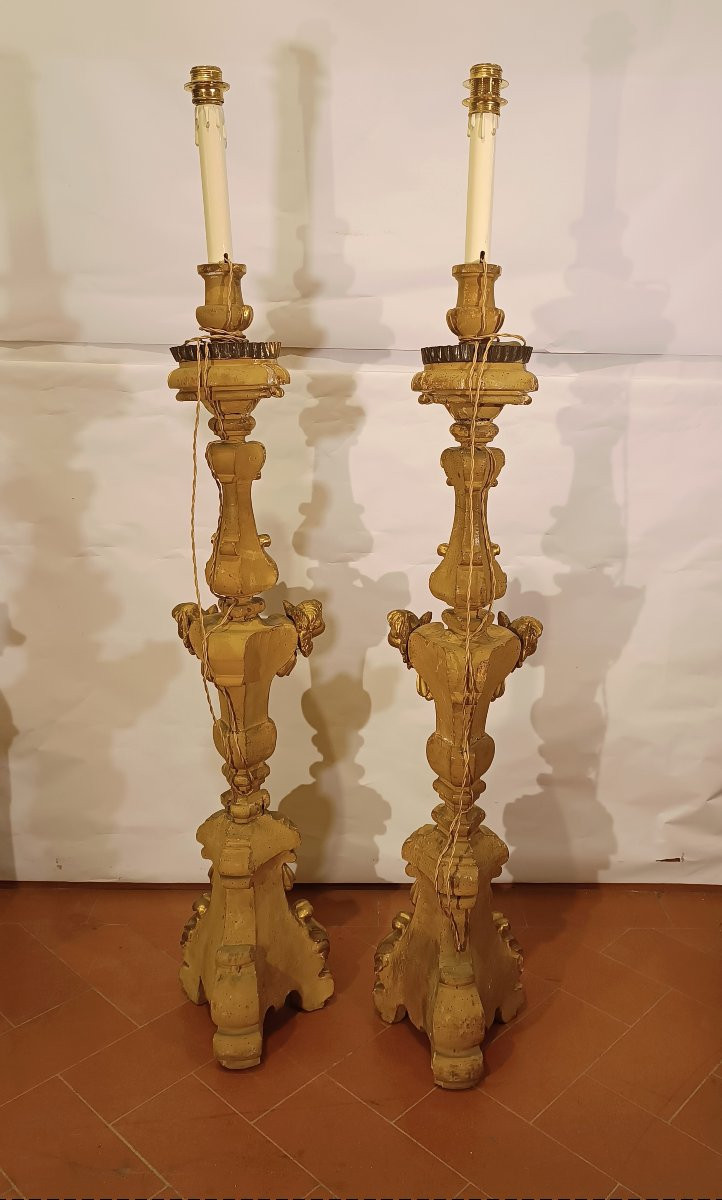 PAIRE DE FLAMBEAUX LOUIS XV DORÉS MILIEU DU 18ème SIÈCLE-photo-3