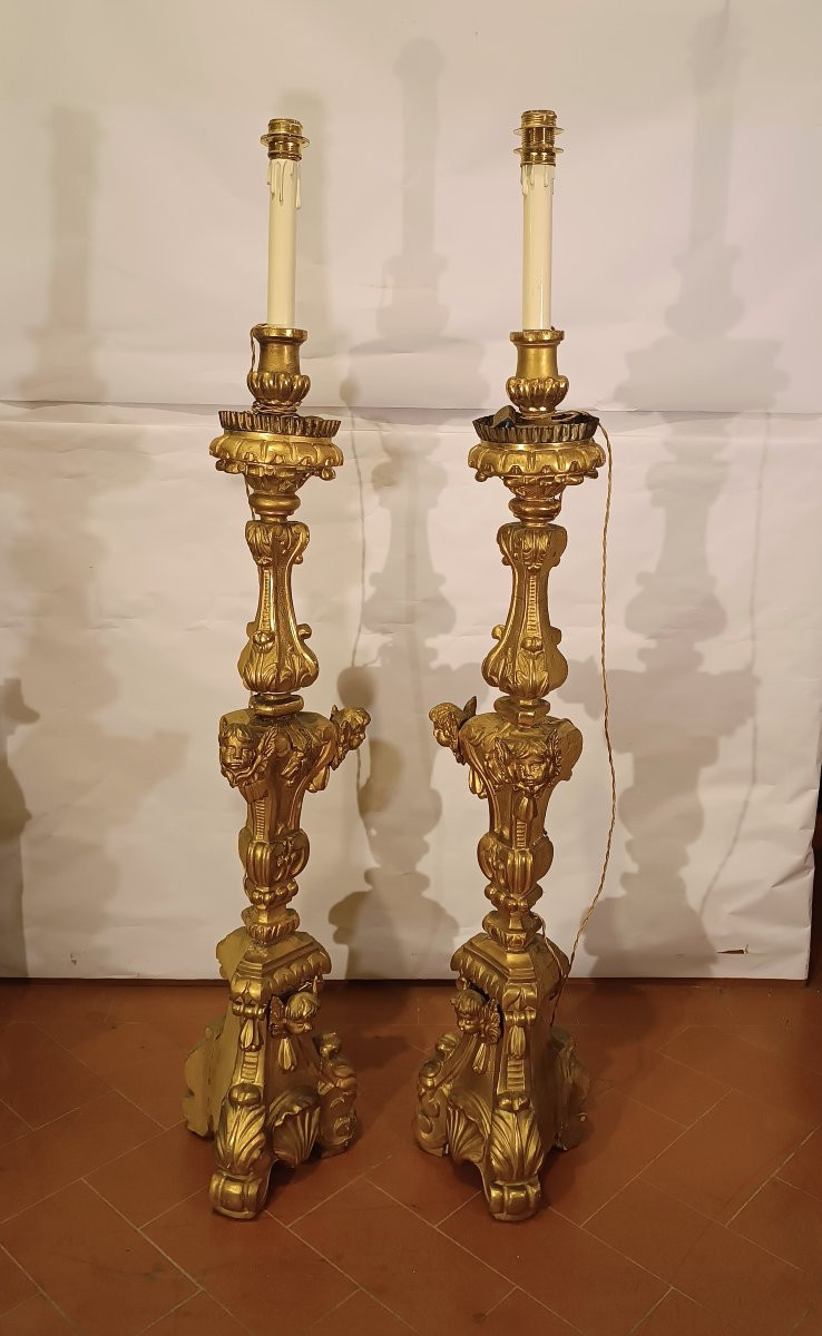 PAIRE DE FLAMBEAUX LOUIS XV DORÉS MILIEU DU 18ème SIÈCLE-photo-4