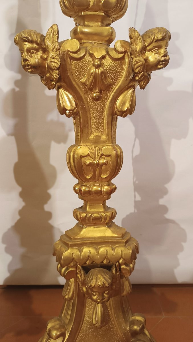 PAIRE DE FLAMBEAUX LOUIS XV DORÉS MILIEU DU 18ème SIÈCLE-photo-3