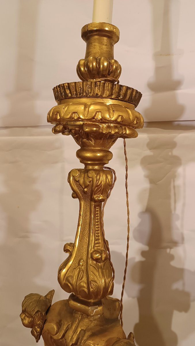 PAIRE DE FLAMBEAUX LOUIS XV DORÉS MILIEU DU 18ème SIÈCLE-photo-5