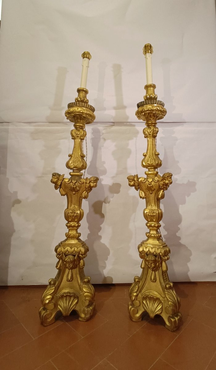 PAIRE DE FLAMBEAUX LOUIS XV DORÉS MILIEU DU 18ème SIÈCLE-photo-7