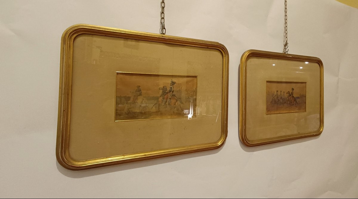 PAIRE DE TABLEAUX MILITAIRES SUR PAPIER FIN DU 19ème SIÈCLE-photo-2