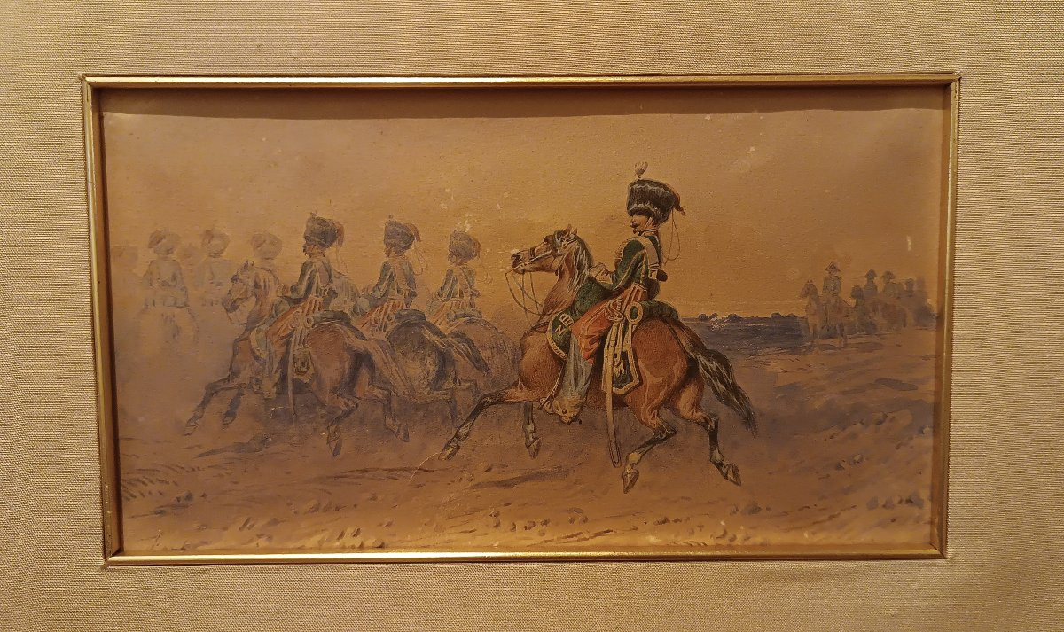 PAIRE DE TABLEAUX MILITAIRES SUR PAPIER FIN DU 19ème SIÈCLE-photo-2