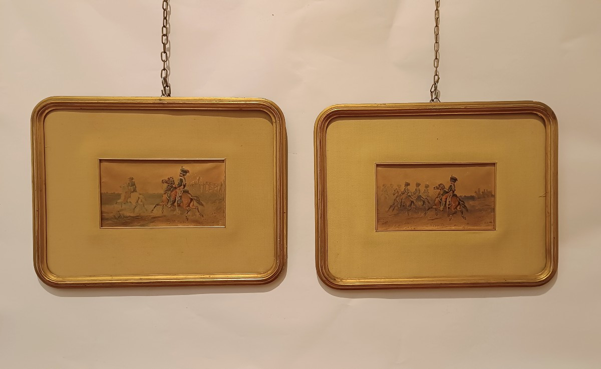 PAIRE DE TABLEAUX MILITAIRES SUR PAPIER FIN DU 19ème SIÈCLE