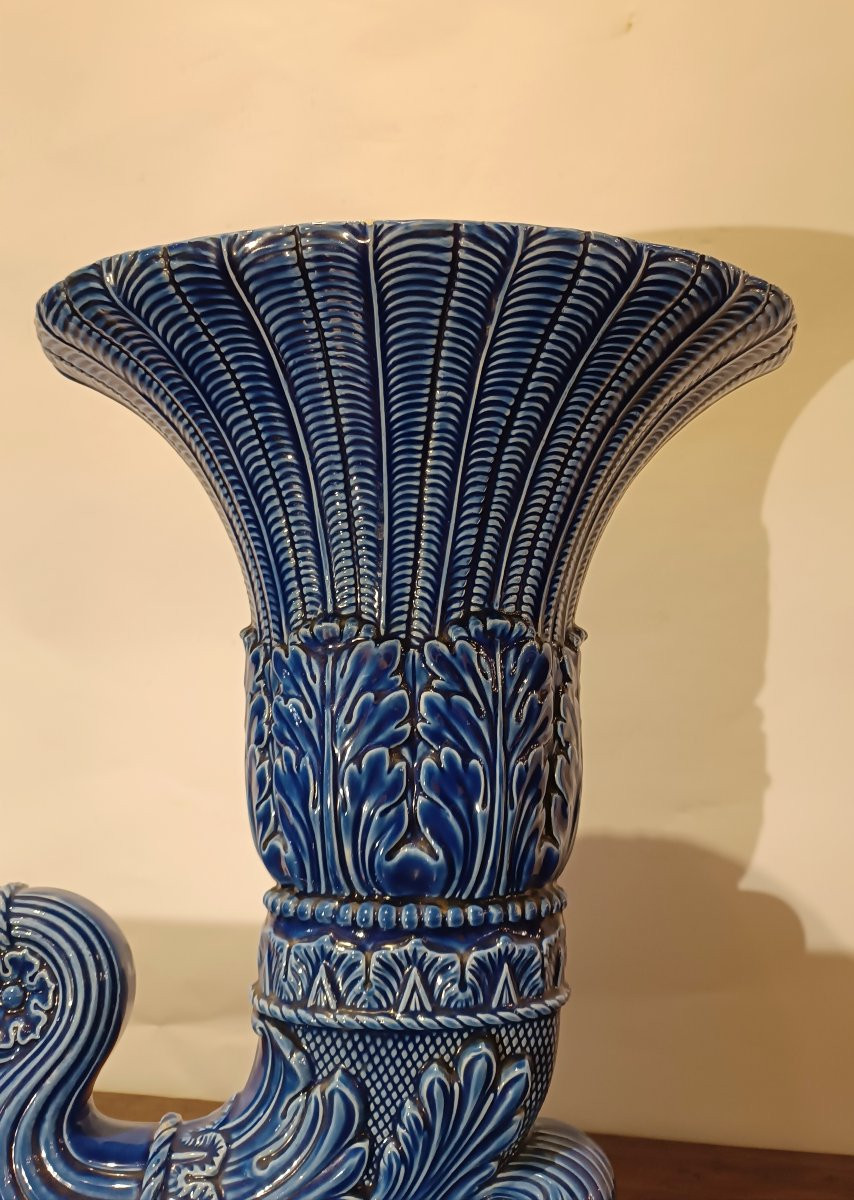 Second Half Of The 19th Century Blue Majolica Vase-photo-3