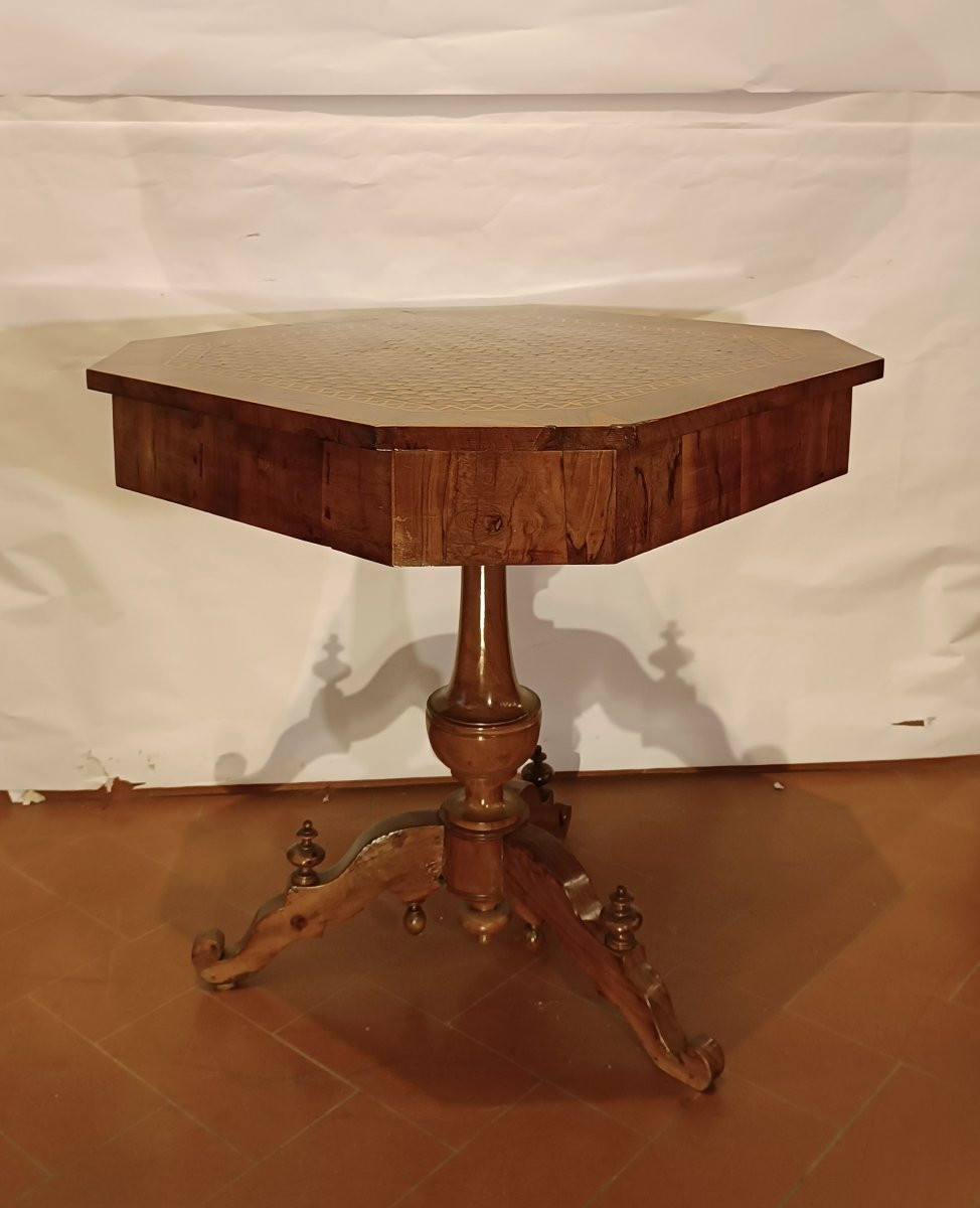 TABLE BASSE OCTOGONALE AVEC INCRUSTATIONS GÉOMÉTRIQUES MILIEU DU 19ème SIÈCLE-photo-4