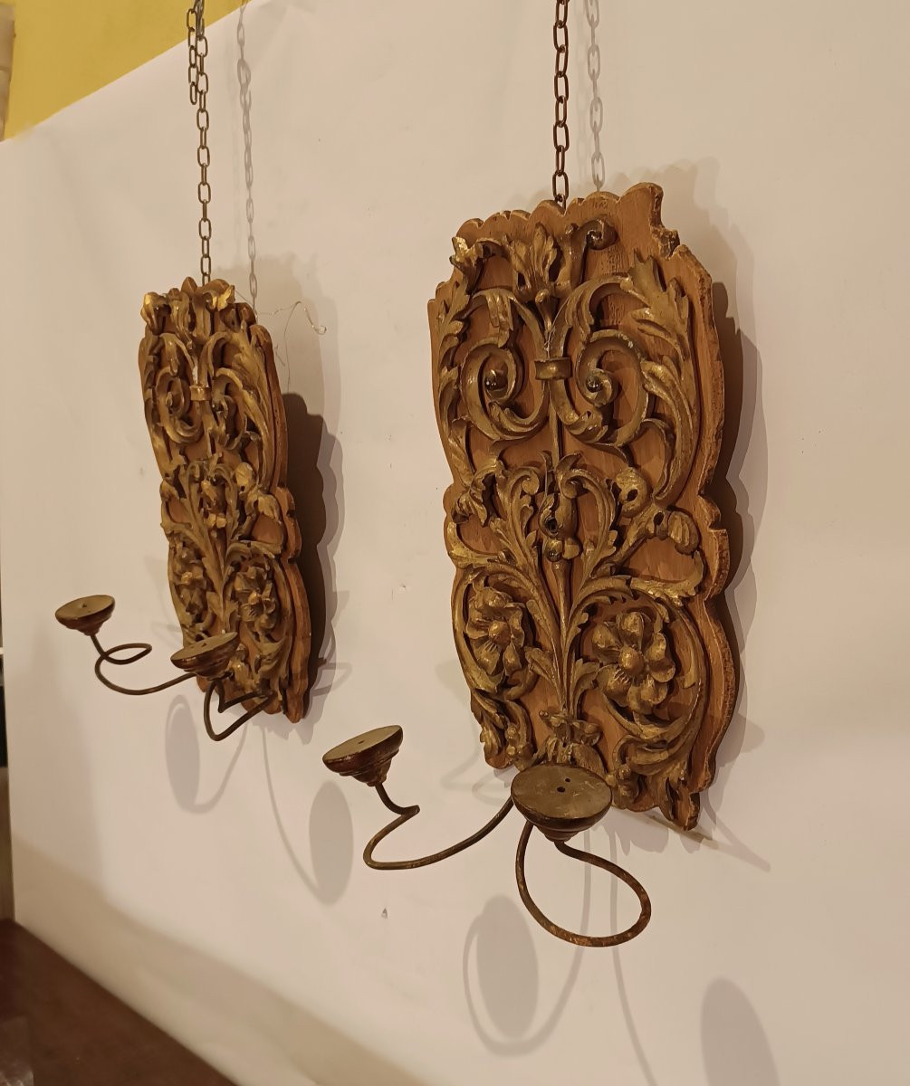 PAIRE D'APPLIQUES EN BOIS DORÉ FIN DU 18ème SIÈCLE-photo-2