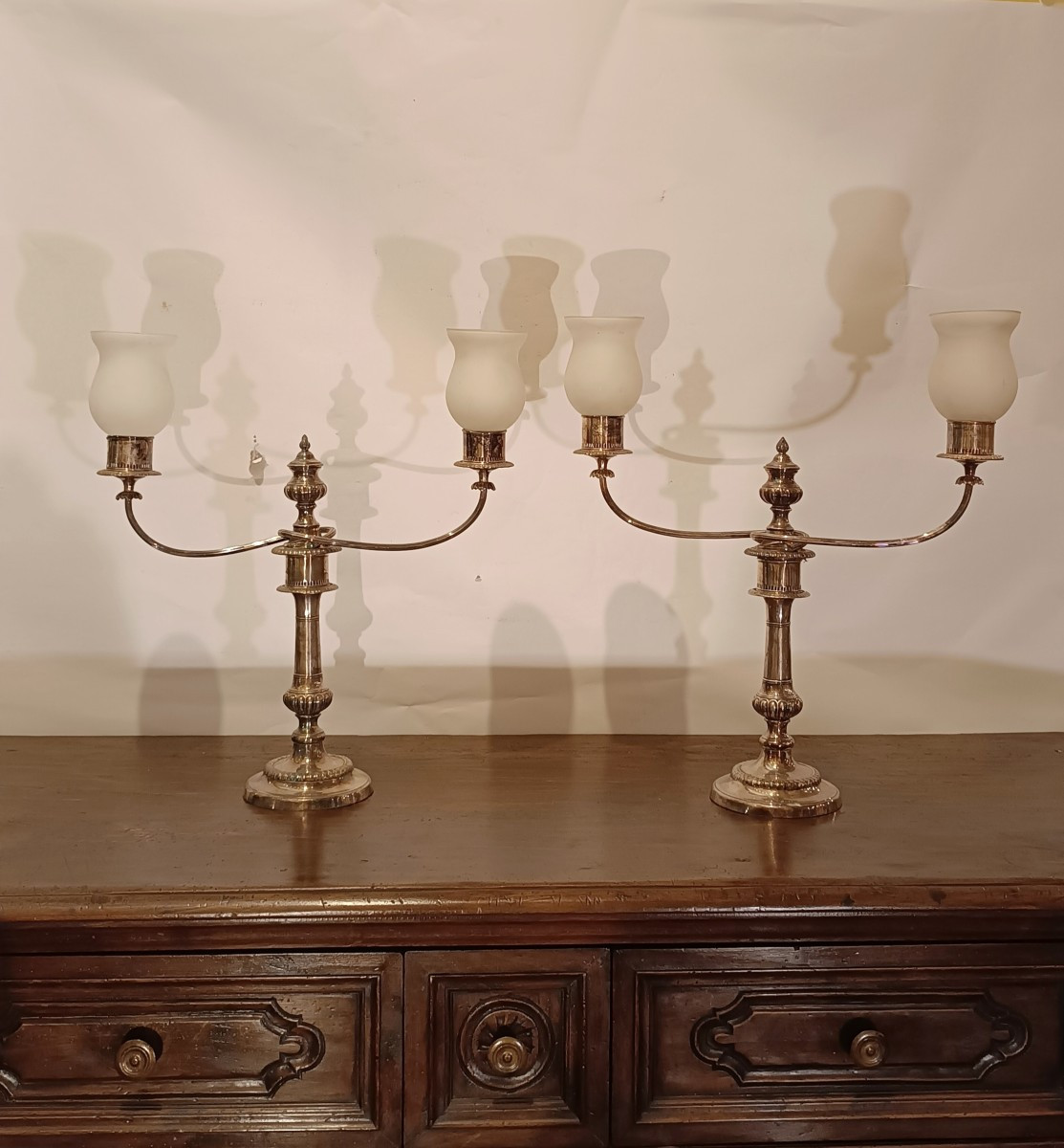 BOUGEOIRS EN PLAQUE D'ARGENT SECONDE MOITIÉ DU 19ème SIÈCLE