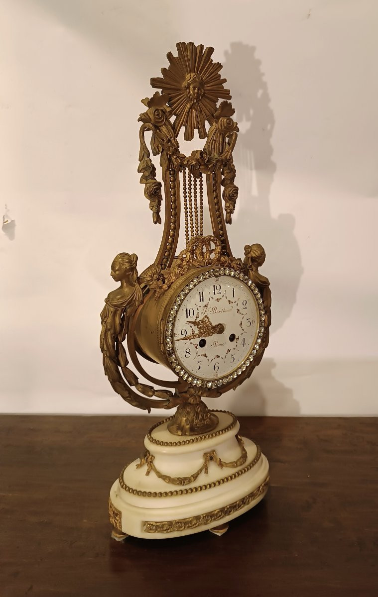 Mid-19th Century White Marble And Rhinestone Lyre Clock-photo-2