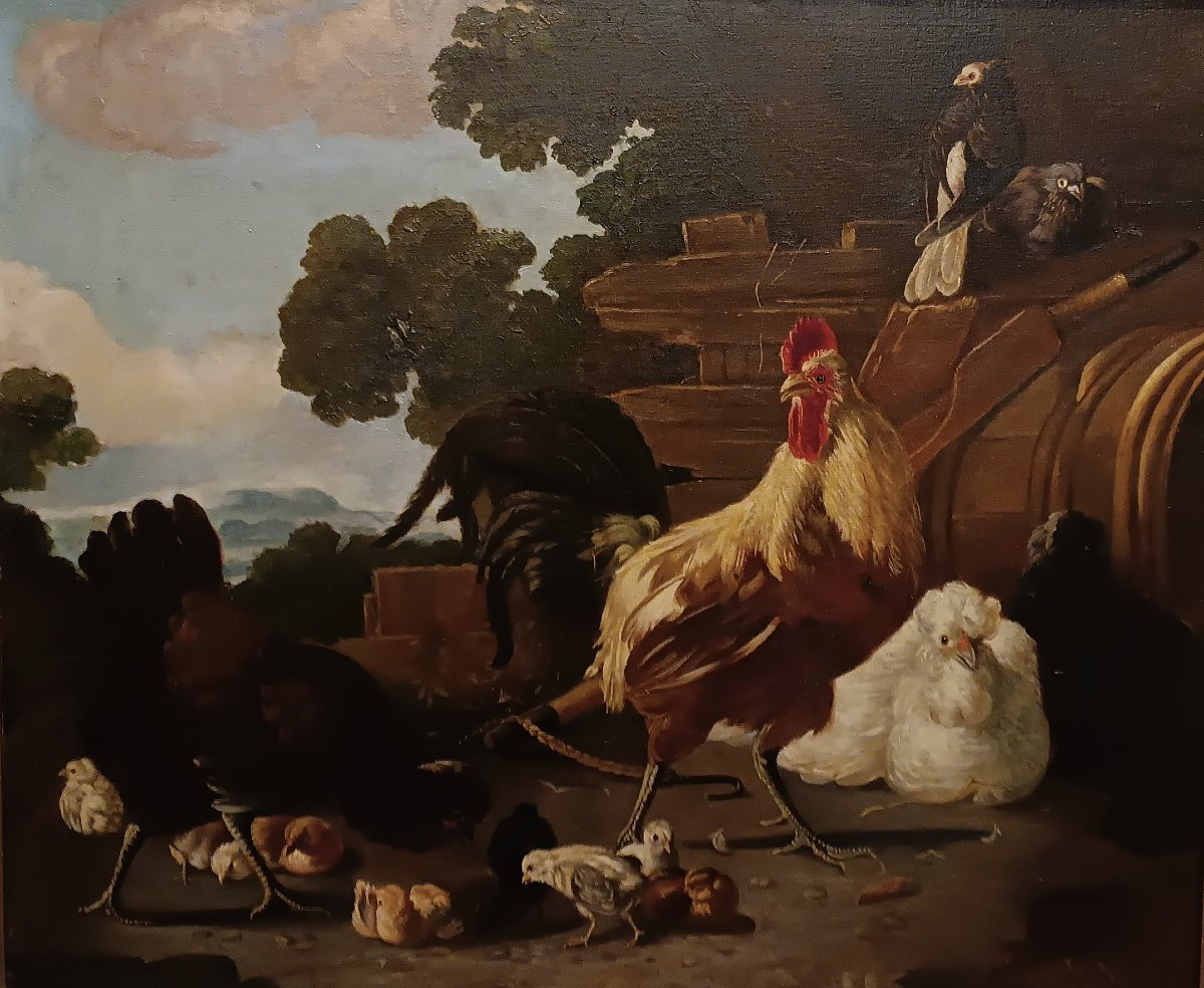 TABLEAU REPRÉSENTANT DES COQS ET DES POULES MILIEU DU 19ème SIÈCLE-photo-2