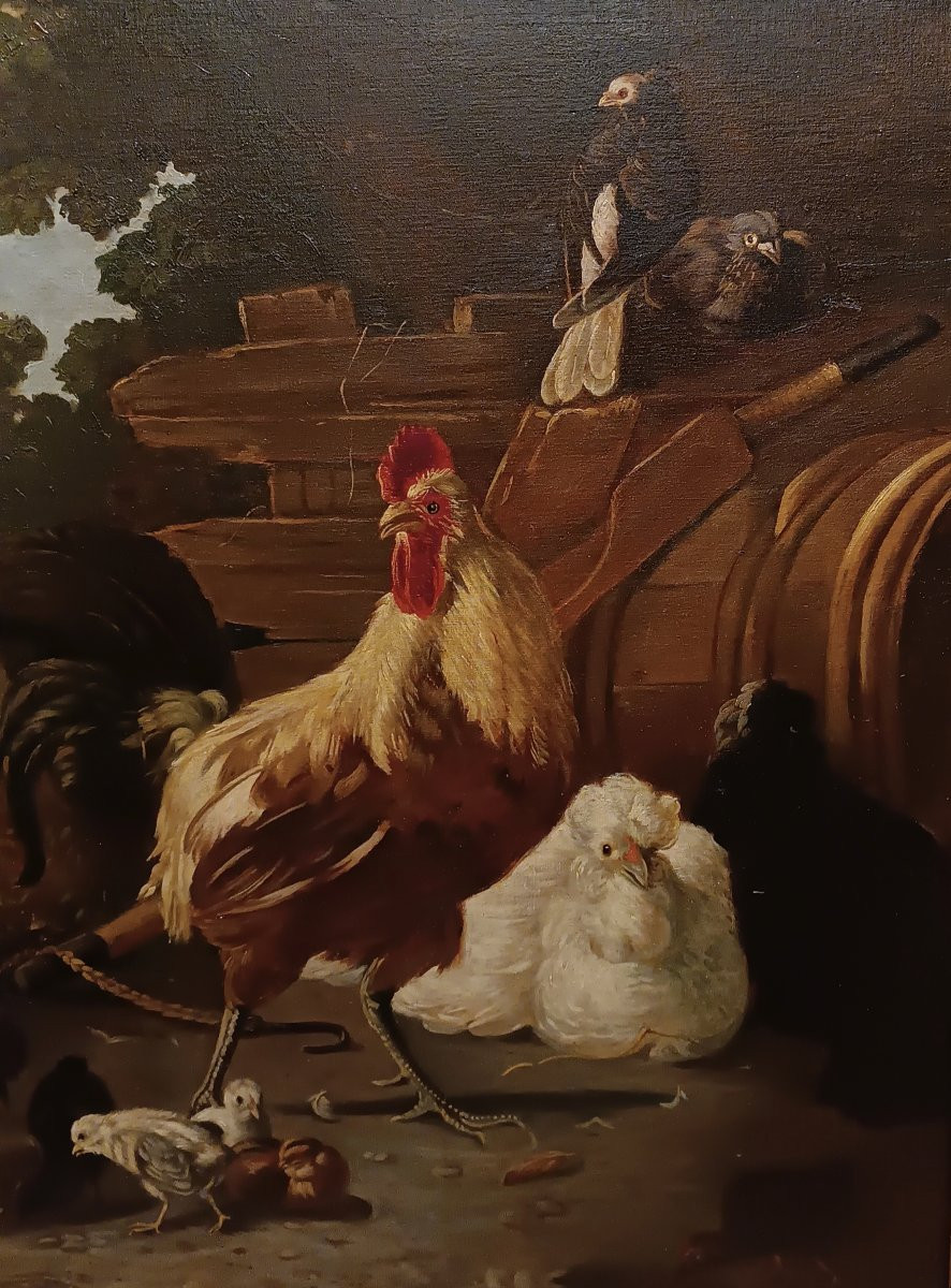 TABLEAU REPRÉSENTANT DES COQS ET DES POULES MILIEU DU 19ème SIÈCLE-photo-3