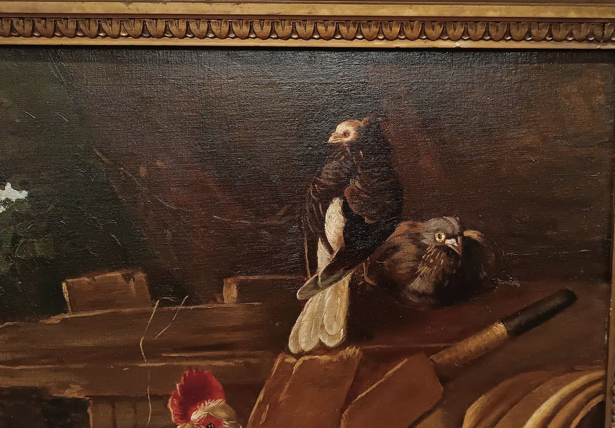 TABLEAU REPRÉSENTANT DES COQS ET DES POULES MILIEU DU 19ème SIÈCLE-photo-2