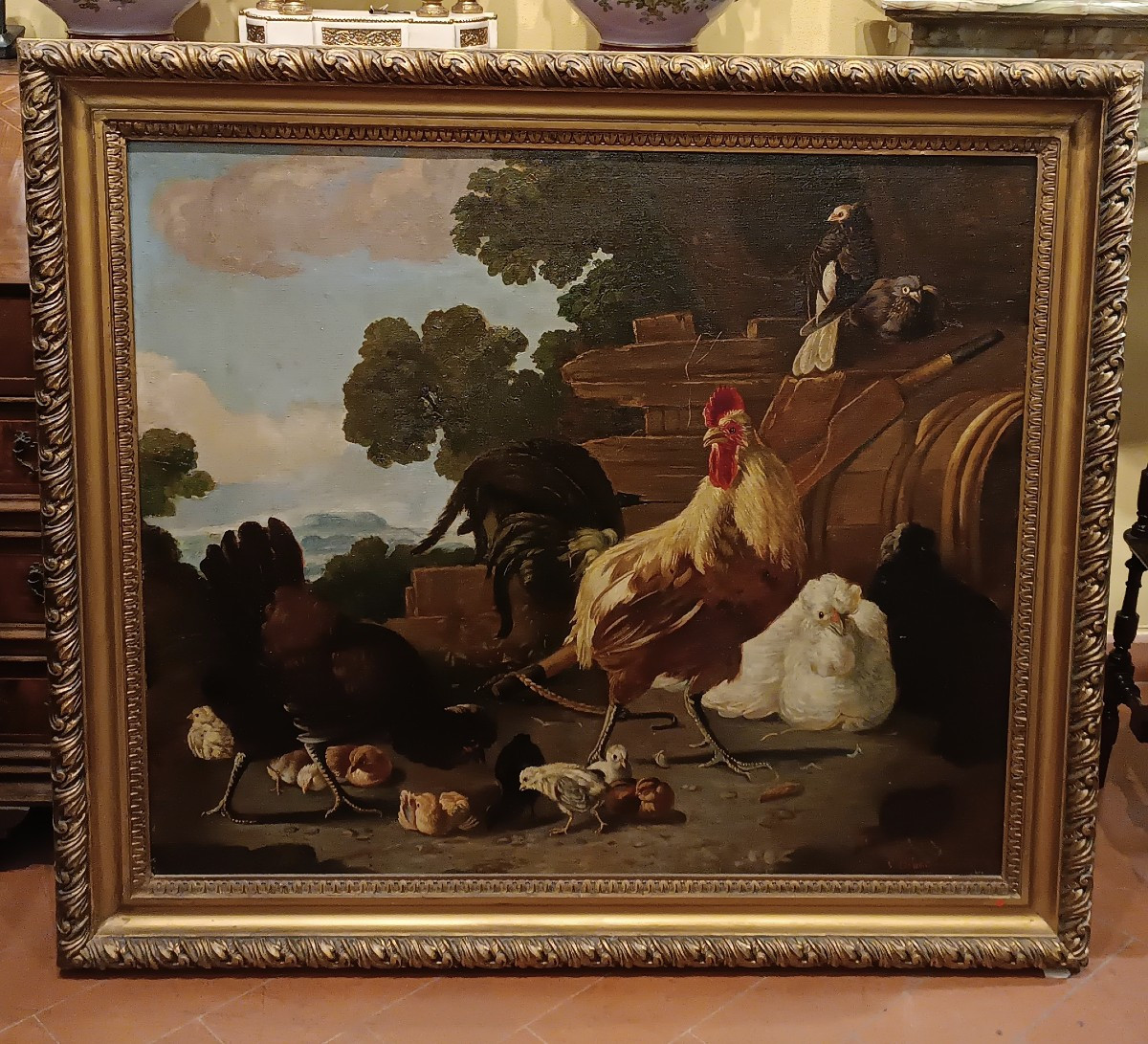 TABLEAU REPRÉSENTANT DES COQS ET DES POULES MILIEU DU 19ème SIÈCLE