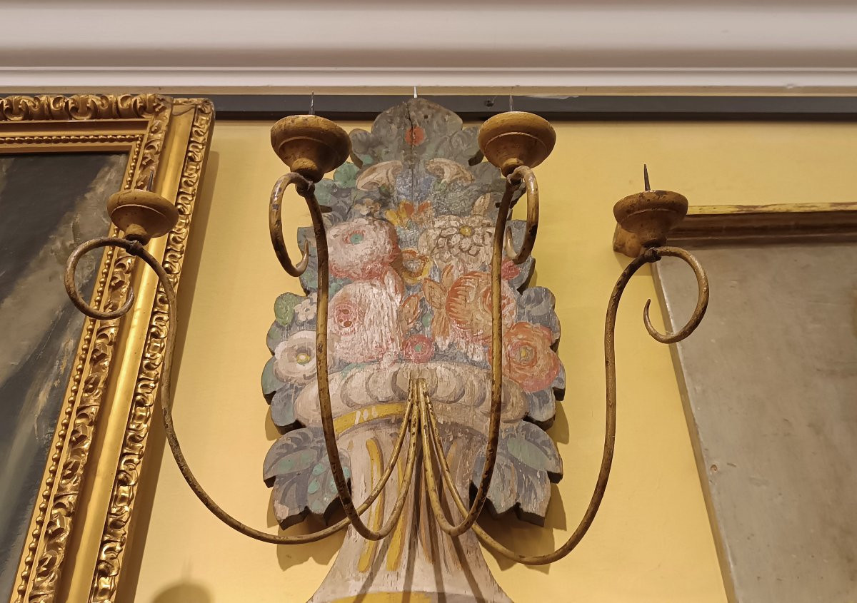 GRANDE APPLIQUE MURALE EN BOIS PEINT MILIEU DU 19ème SIÈCLE-photo-5