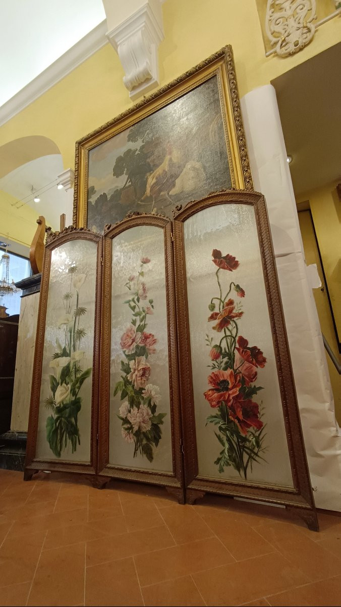 PARAVENT EN NOYER ET VERRE PEINT DÉBUT DU 20ème SIÈCLE-photo-2