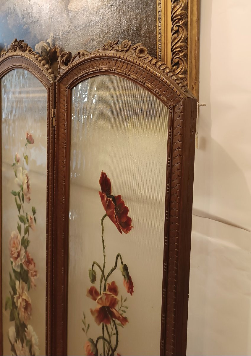 PARAVENT EN NOYER ET VERRE PEINT DÉBUT DU 20ème SIÈCLE-photo-3