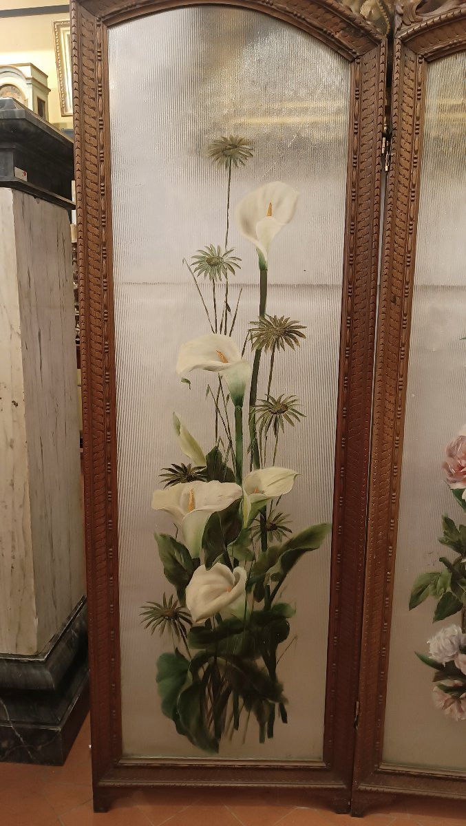 PARAVENT EN NOYER ET VERRE PEINT DÉBUT DU 20ème SIÈCLE-photo-2