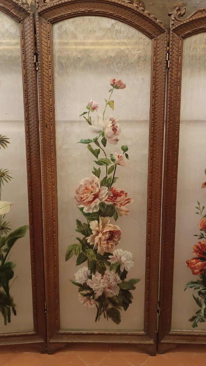 PARAVENT EN NOYER ET VERRE PEINT DÉBUT DU 20ème SIÈCLE-photo-3