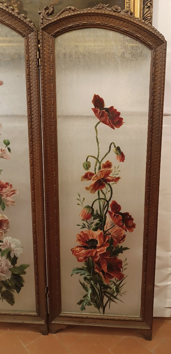 PARAVENT EN NOYER ET VERRE PEINT DÉBUT DU 20ème SIÈCLE-photo-4