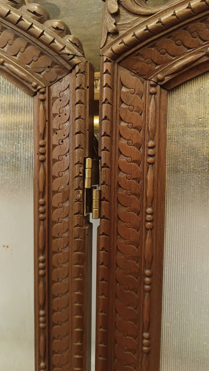 PARAVENT EN NOYER ET VERRE PEINT DÉBUT DU 20ème SIÈCLE-photo-5