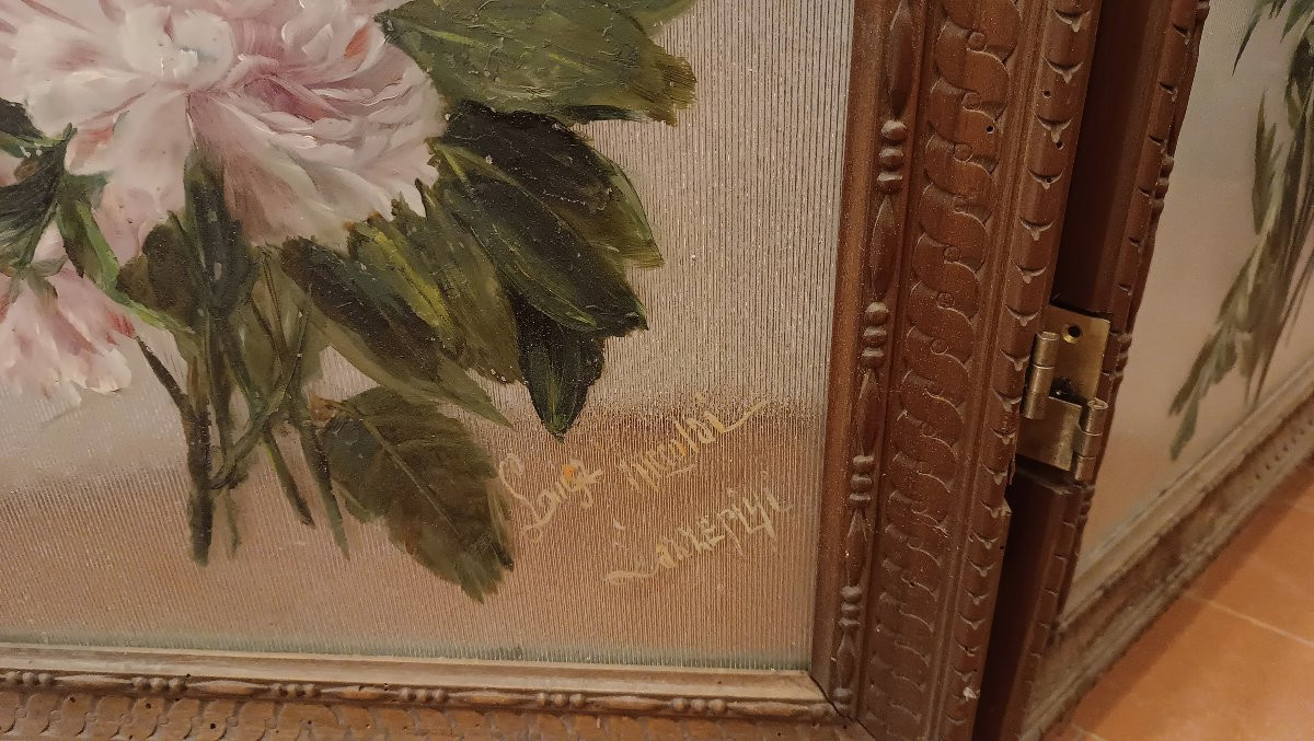 PARAVENT EN NOYER ET VERRE PEINT DÉBUT DU 20ème SIÈCLE-photo-7