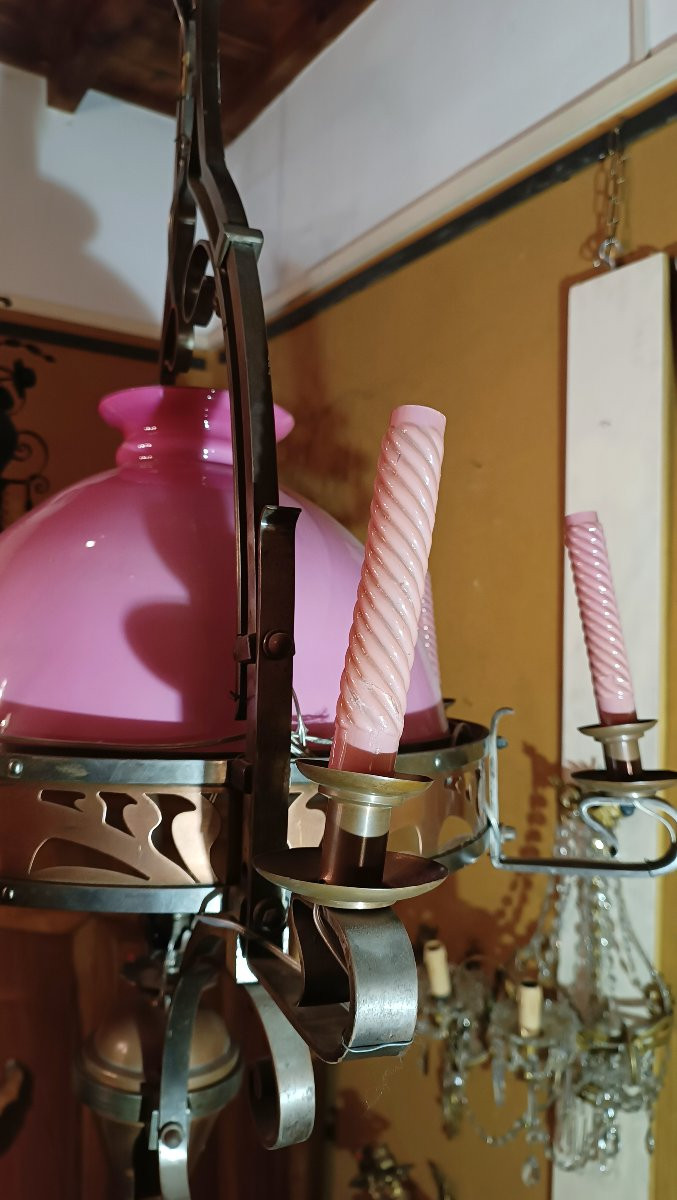 LUSTRE ART NOUVEAU ROSE SECONDE MOITIÉ DU 19ème SIÈCLE-photo-2