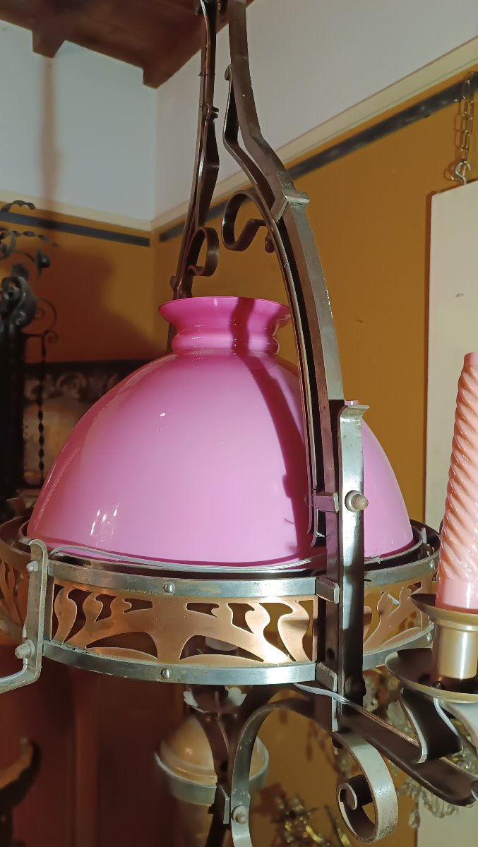 LUSTRE ART NOUVEAU ROSE SECONDE MOITIÉ DU 19ème SIÈCLE-photo-3