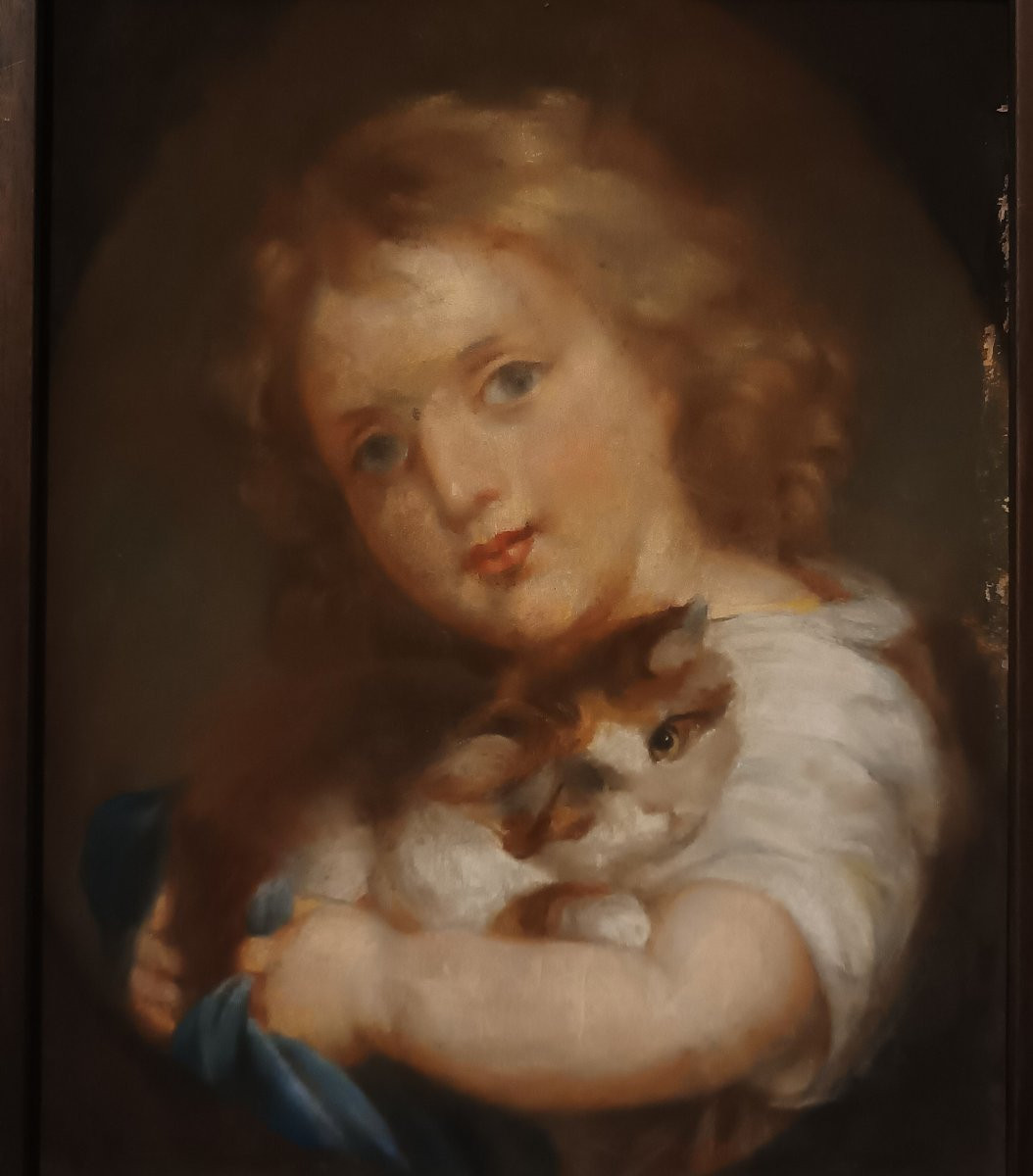 PORTRAIT D'UN GARÇON AVEC UN CHAT DÉBUT DU 20ème SIÈCLE-photo-3